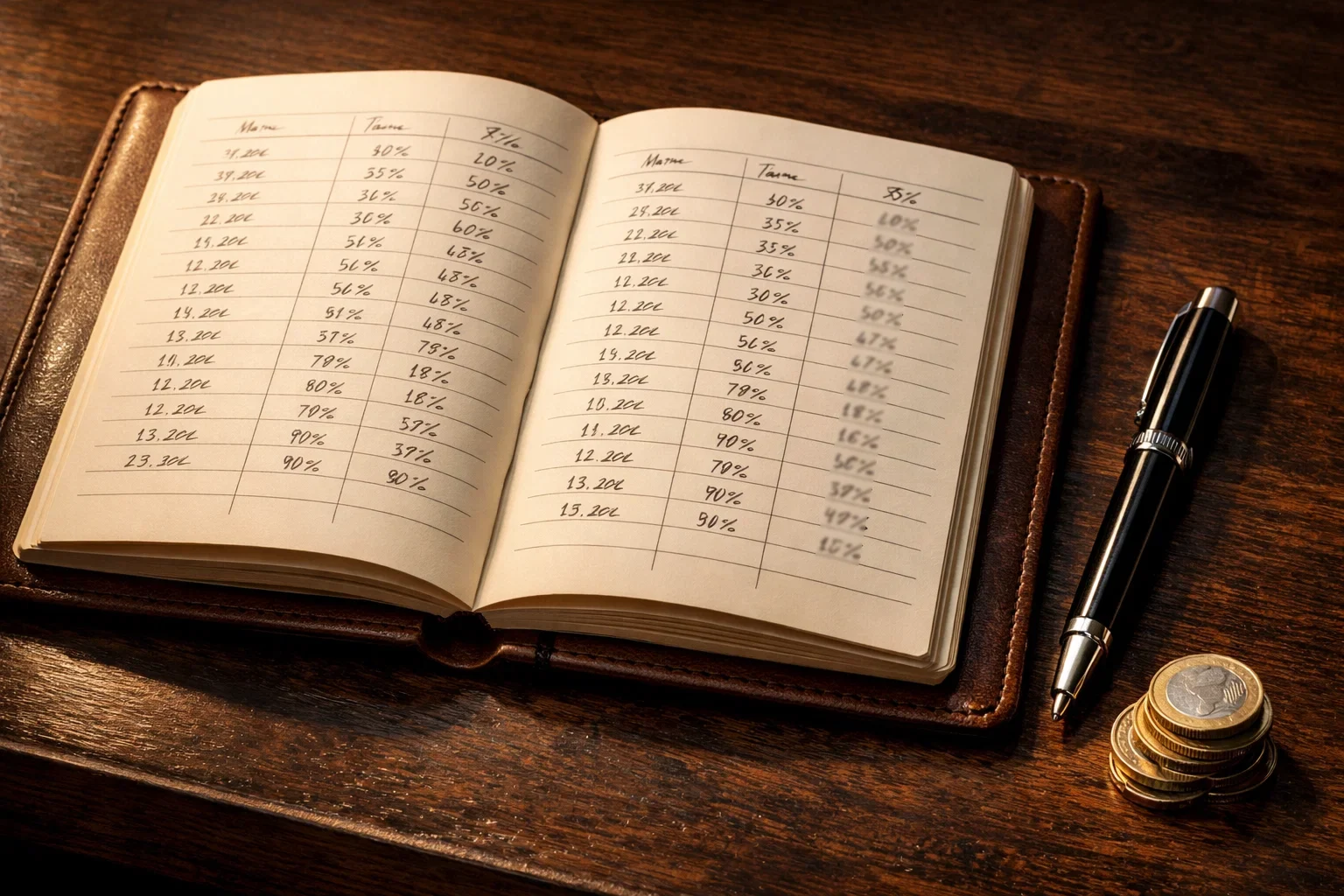 Notizbuch mit handgeschriebener Wettübersicht und Stift auf einem Holztisch