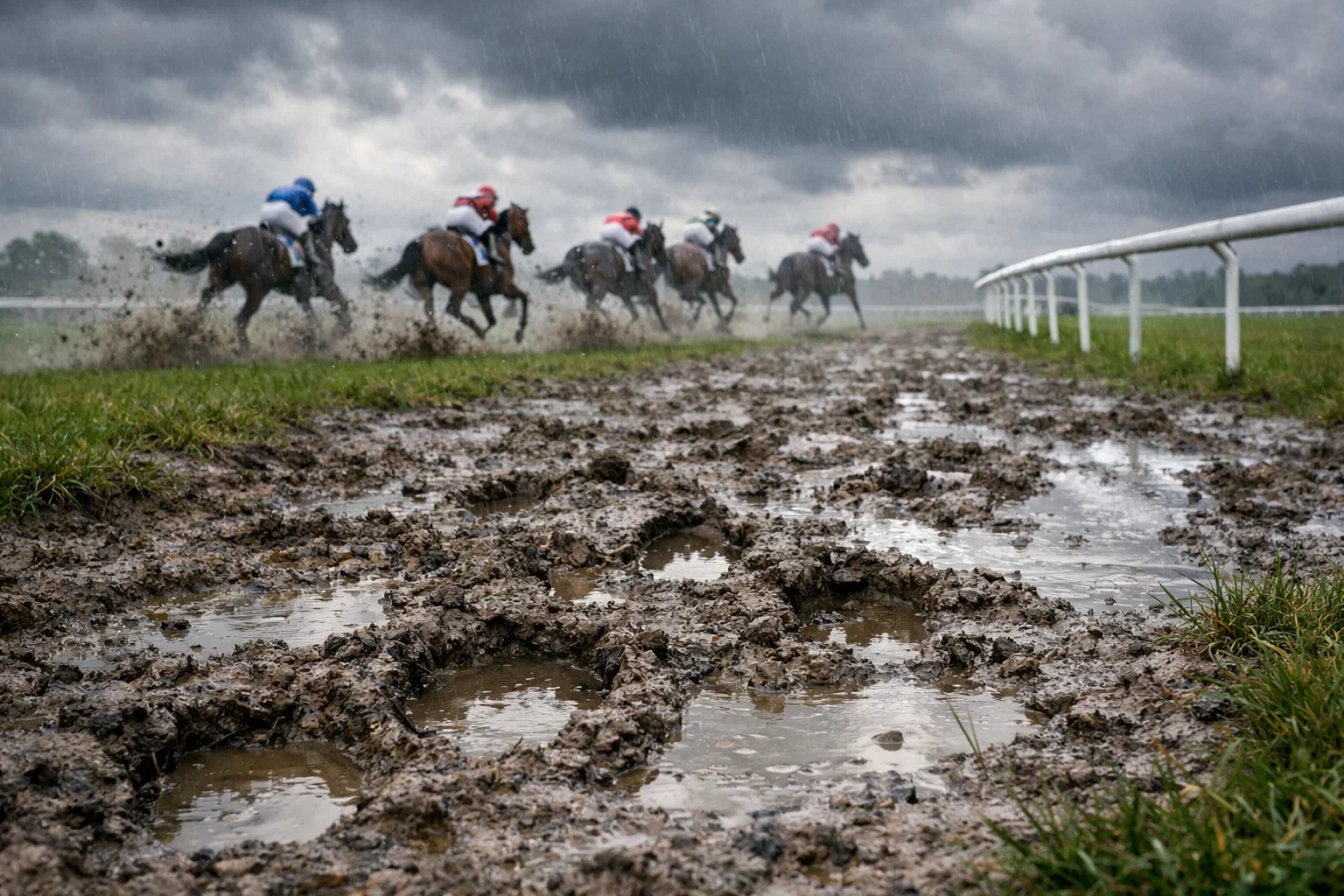 Aufgeweichte Rennbahn nach Regen mit sichtbaren Hufspuren im weichen Boden