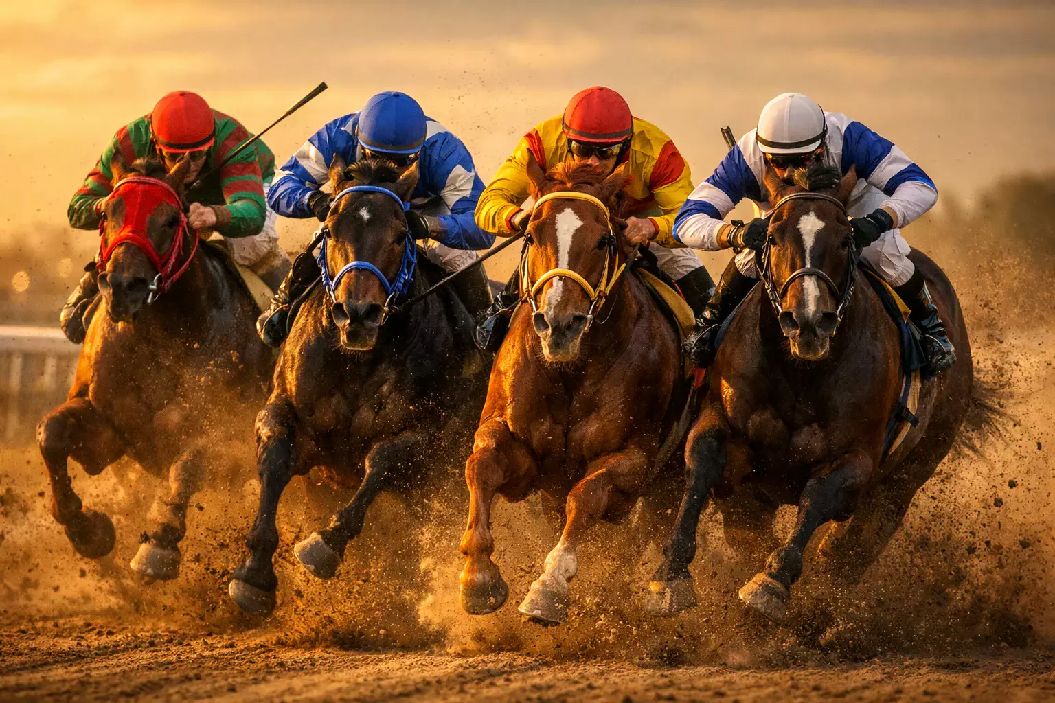 Vier Pferde im spannenden Finish auf der Rennbahn