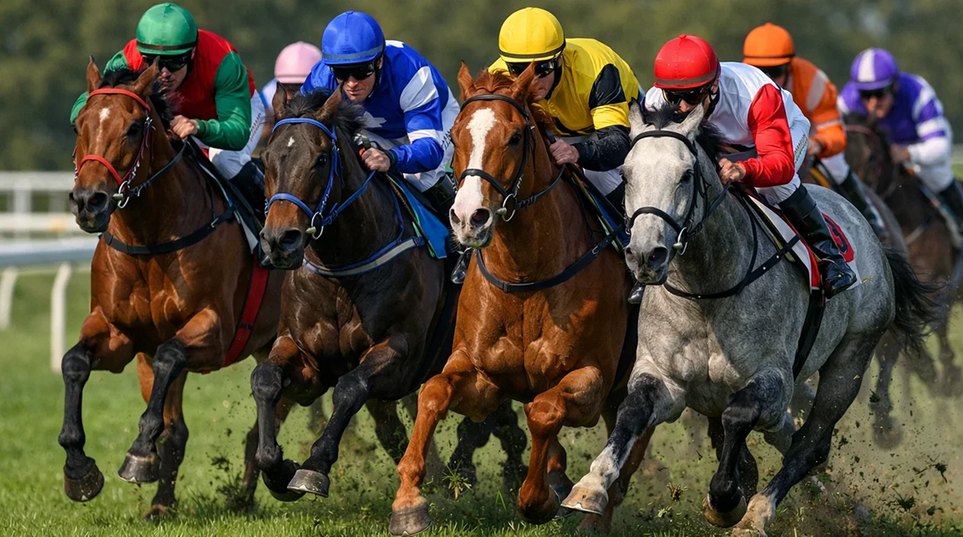 Mehrere Rennpferde im dichten Feld auf einer Galopprennbahn