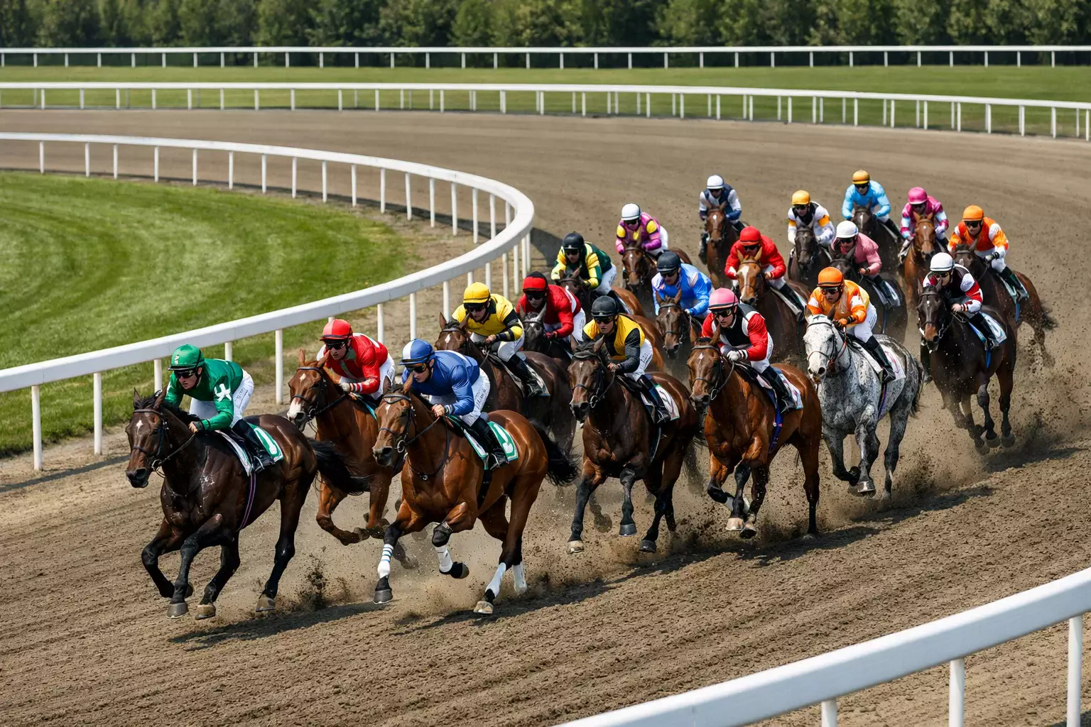 Großes Starterfeld beim Galopprennen in der Kurve