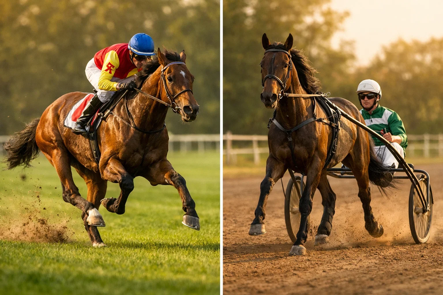 Trabrennen mit Sulky-Fahrern und Galopprennen mit Jockeys im direkten Vergleich