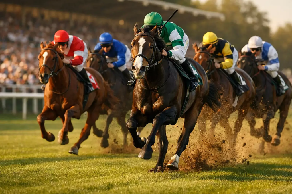 Galopprennen mit mehreren Pferden auf einer Rennbahn