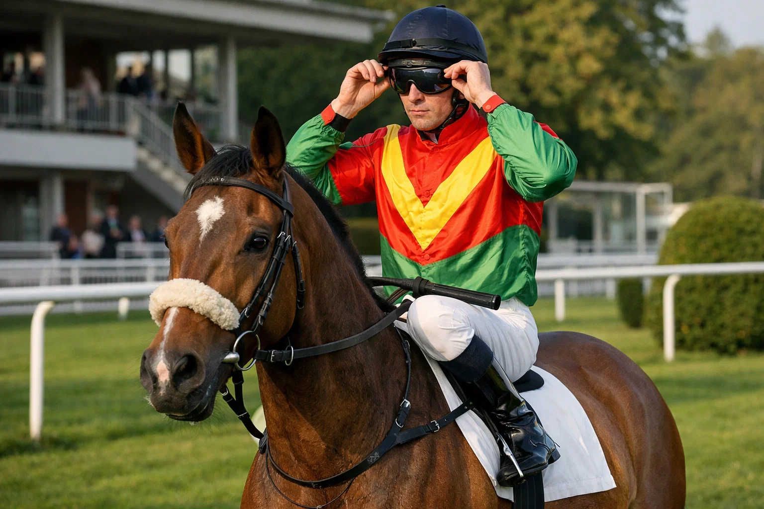 Jockey in bunten Rennfarben auf einem Galopppferd vor dem Start eines Rennens