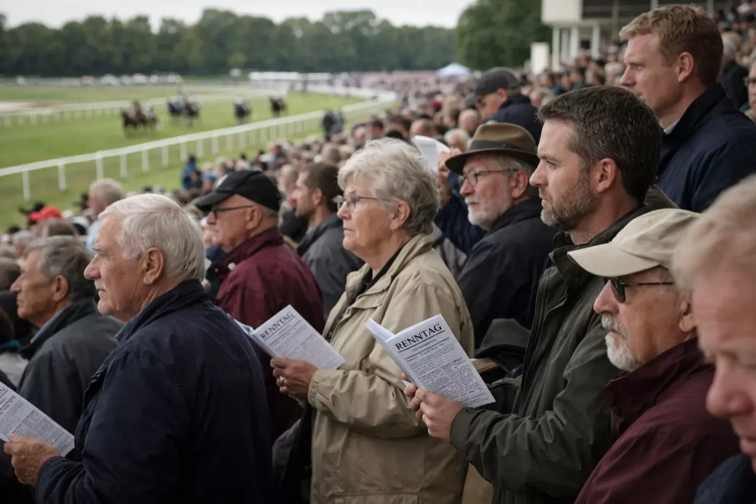Zuschauer auf der Tribüne einer Pferderennbahn