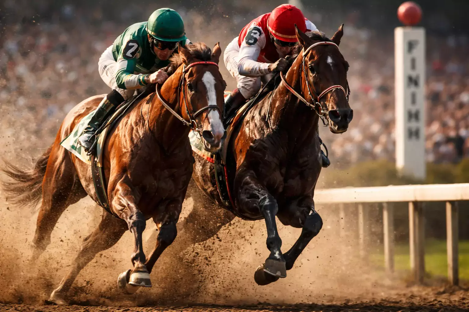 Pferde überqueren die Ziellinie bei einem Galopprennen