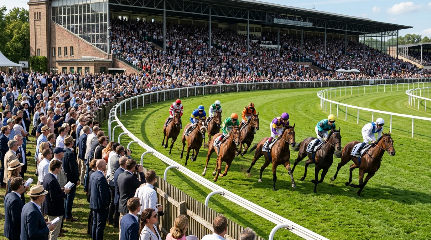 Zuschauer verfolgen ein Pferderennen auf einer deutschen Rennbahn
