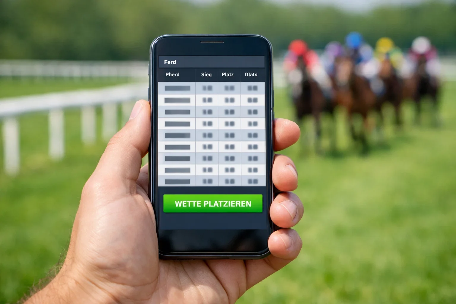 Smartphone mit Pferdewetten-App zeigt Live-Quoten am Rand einer Rennbahn