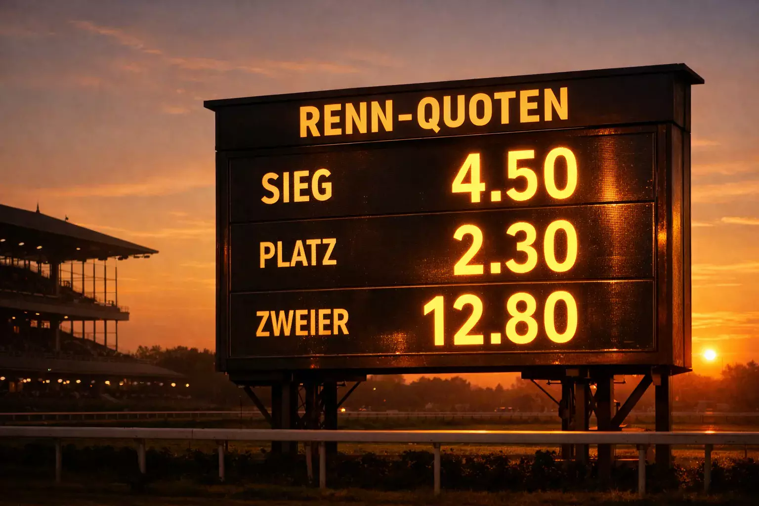 Digitale Quotentafel an einer Pferderennbahn bei Abendsonne