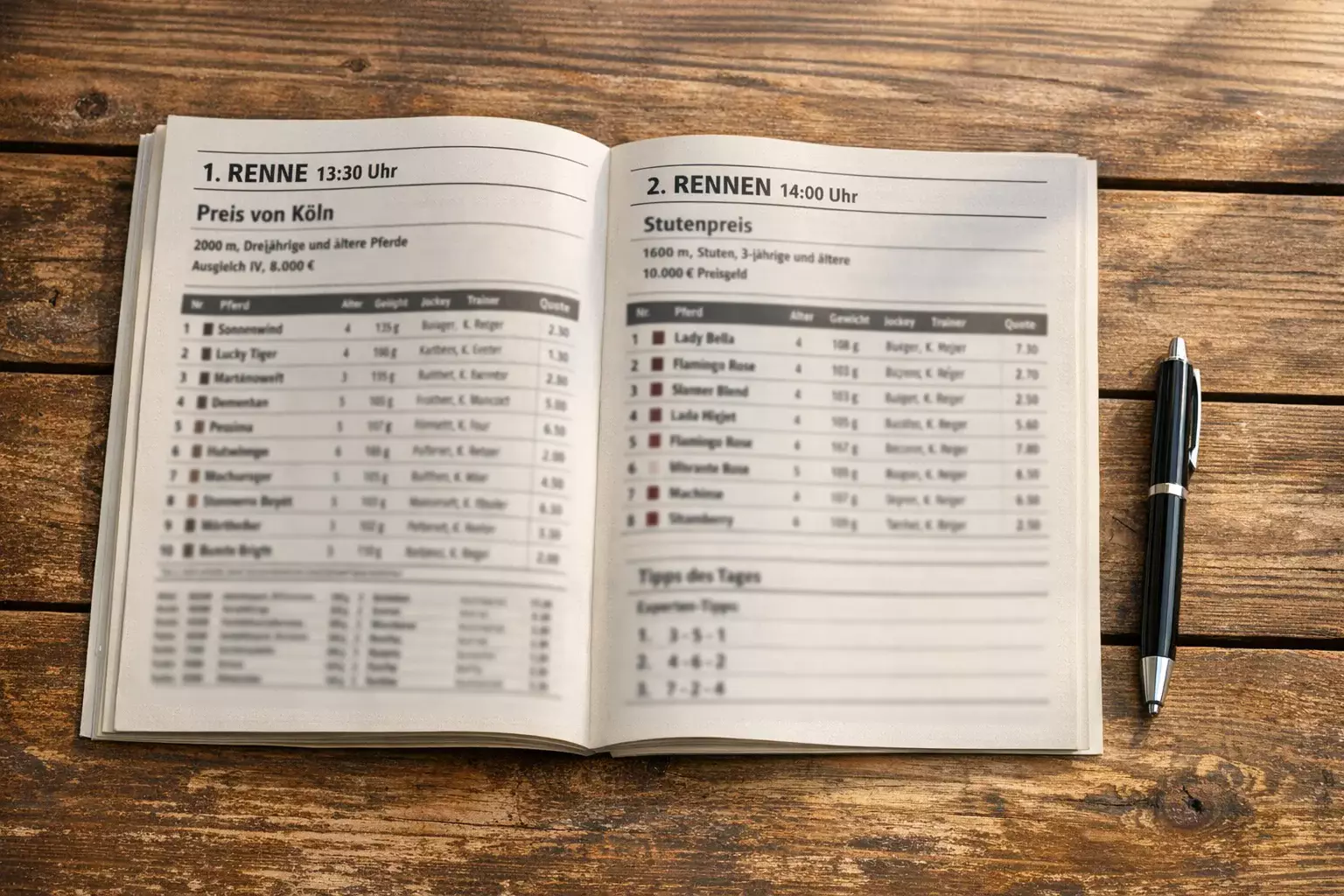 Rennprogramm und Stift auf einem Holztisch