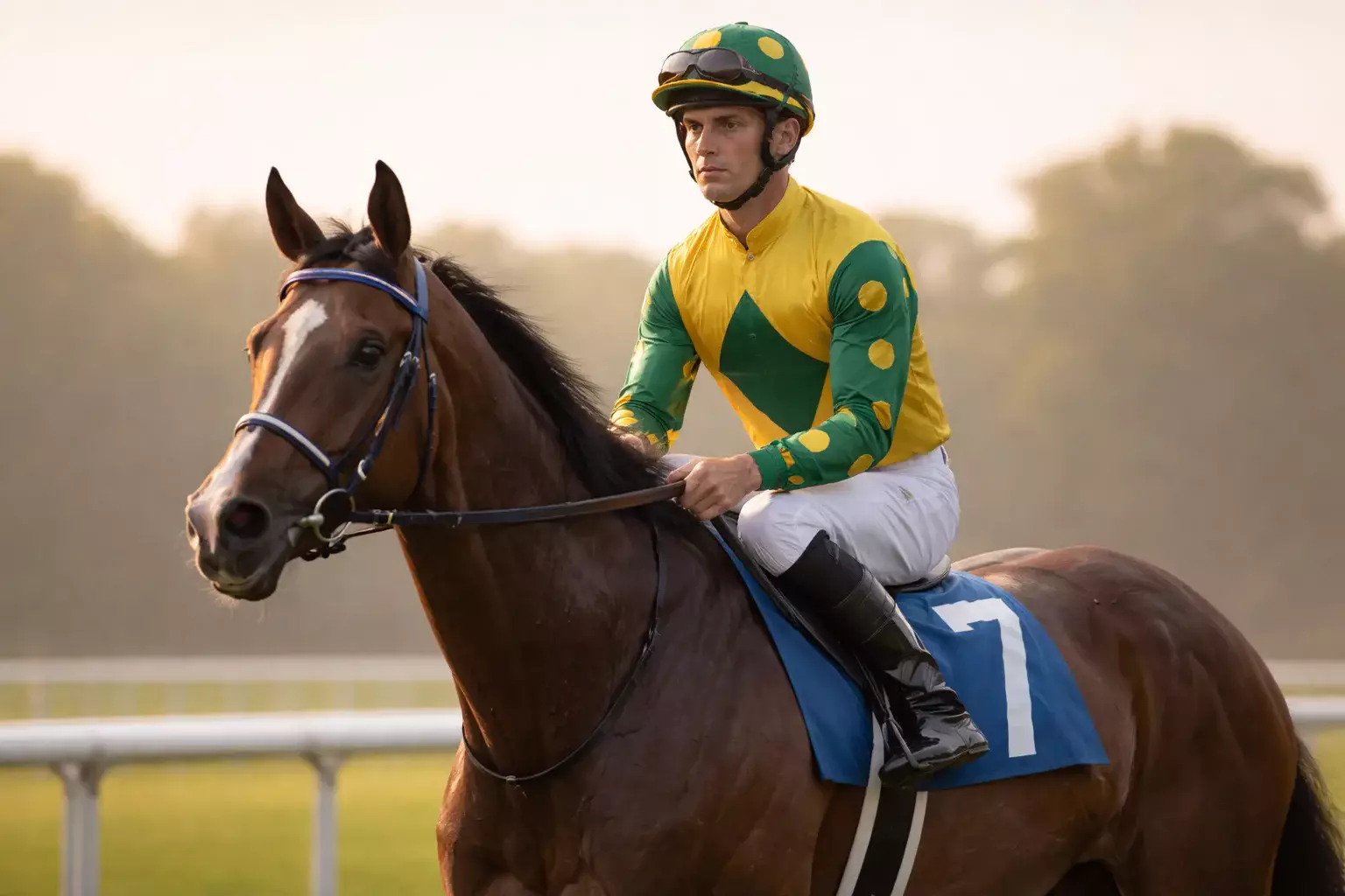 Einzelner Jockey auf Vollblut vor dem Start