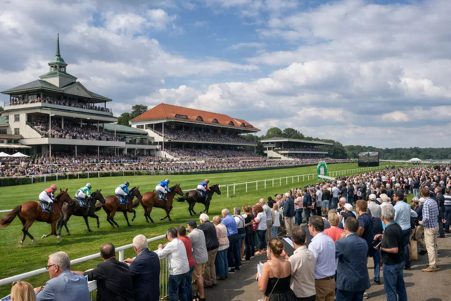 Rennbahn-Panorama mit Zuschauern und Pferden
