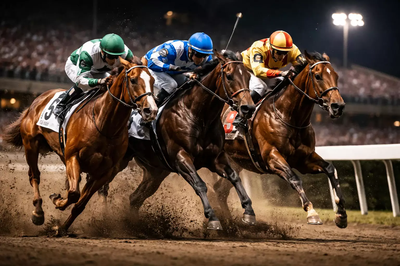 Drei Pferde passieren gemeinsam die Ziellinie