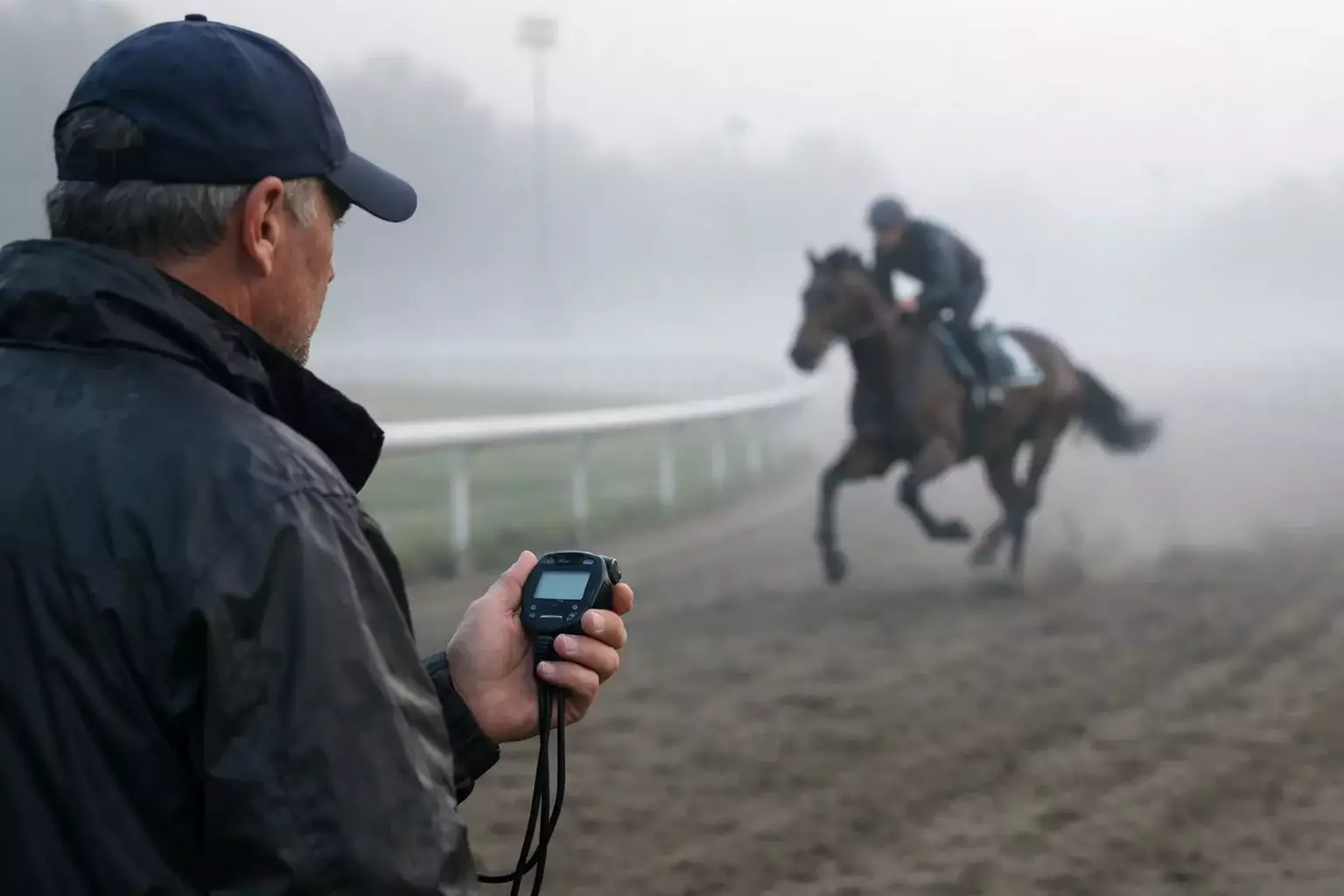 Trainer beobachtet Pferd beim Training auf der Bahn
