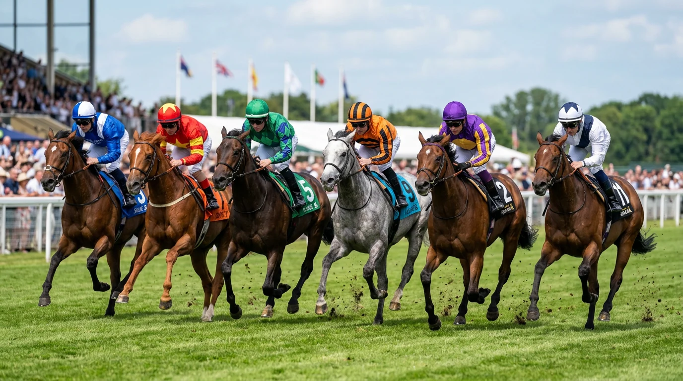 Gruppe von Rennpferden kämpft um die vorderen Plätze auf der Rennbahn
