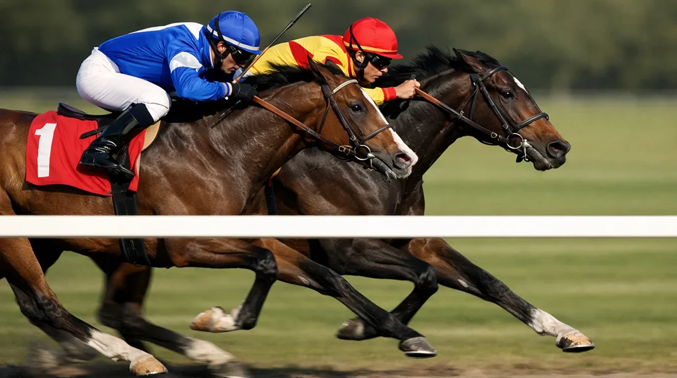 Rennpferde nebeneinander im Finish auf einer Galoppbahn