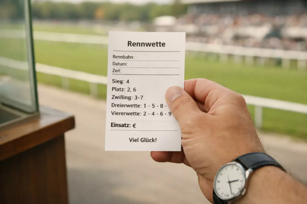 Hand hält Wettbeleg vor Rennbahn-Hintergrund