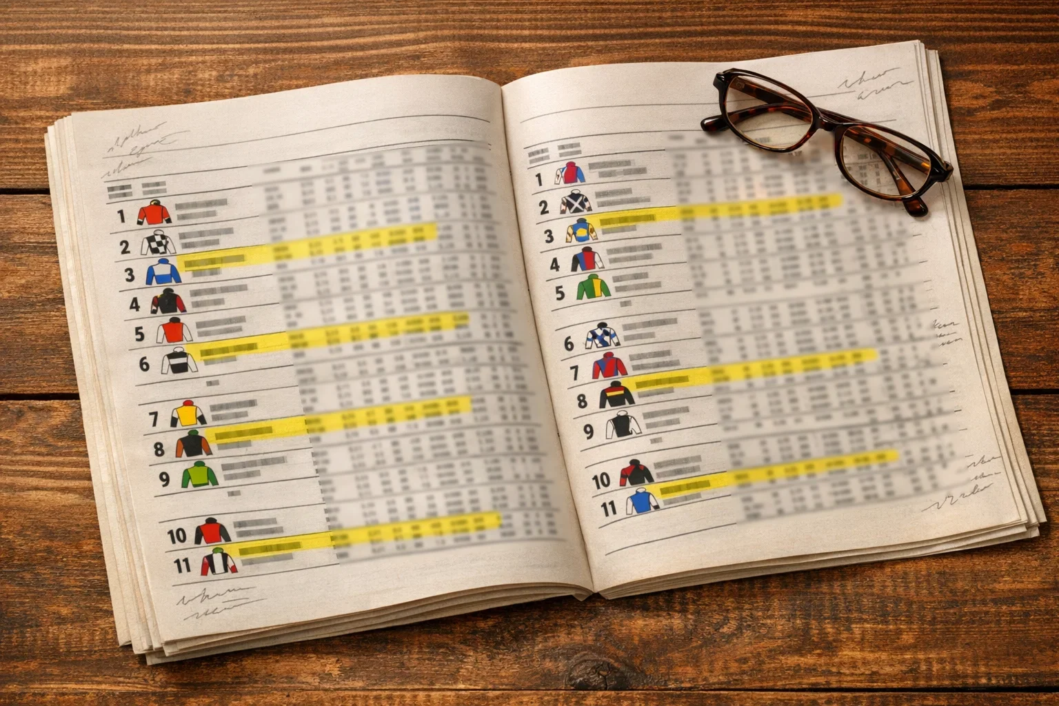 Geöffnetes Rennprogramm mit Racecard-Daten und Markierungen eines Wetters