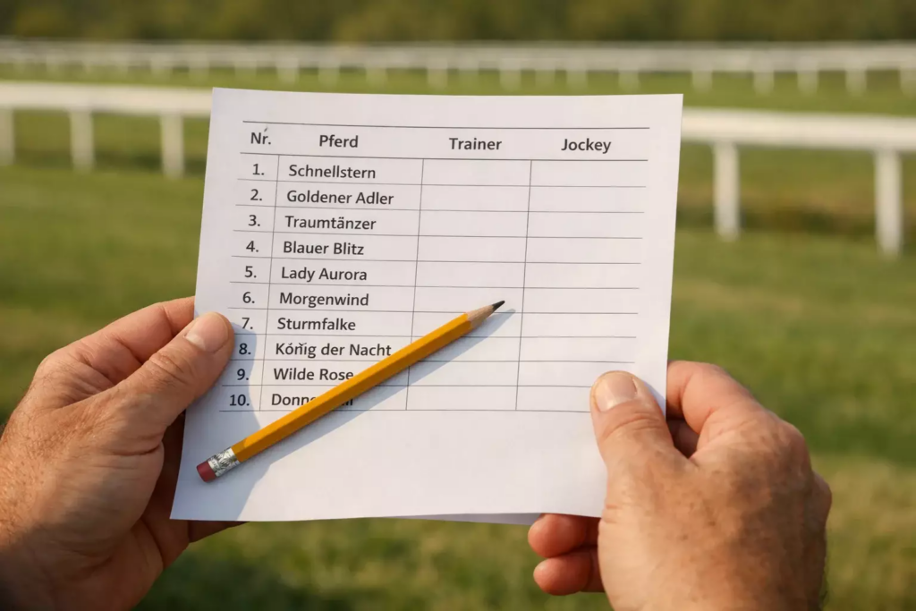 Person studiert ein Rennformular mit Pferdestatistiken