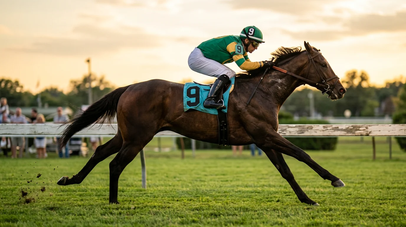 Jockey auf einem Rennpferd im vollen Galopp auf der Rennbahn