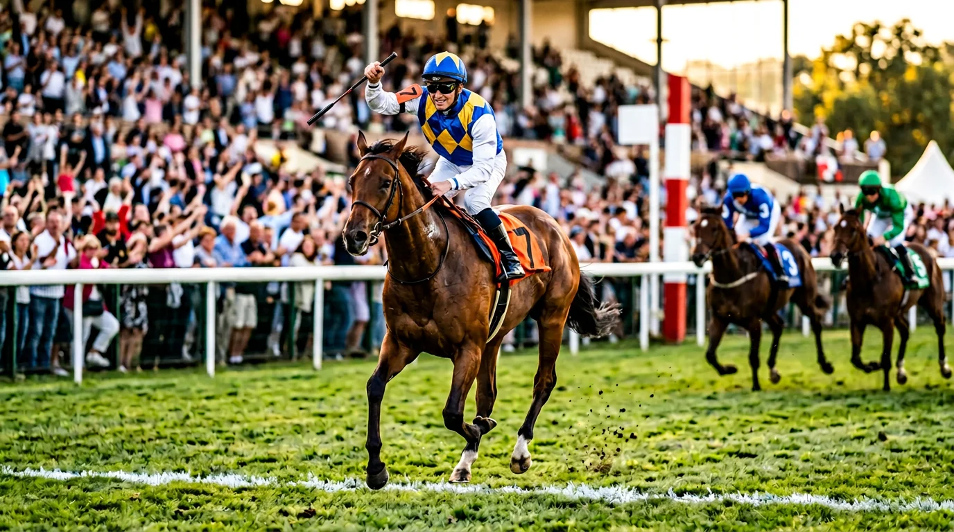 Rennpferd mit Jockey überquert als Erstes die Ziellinie