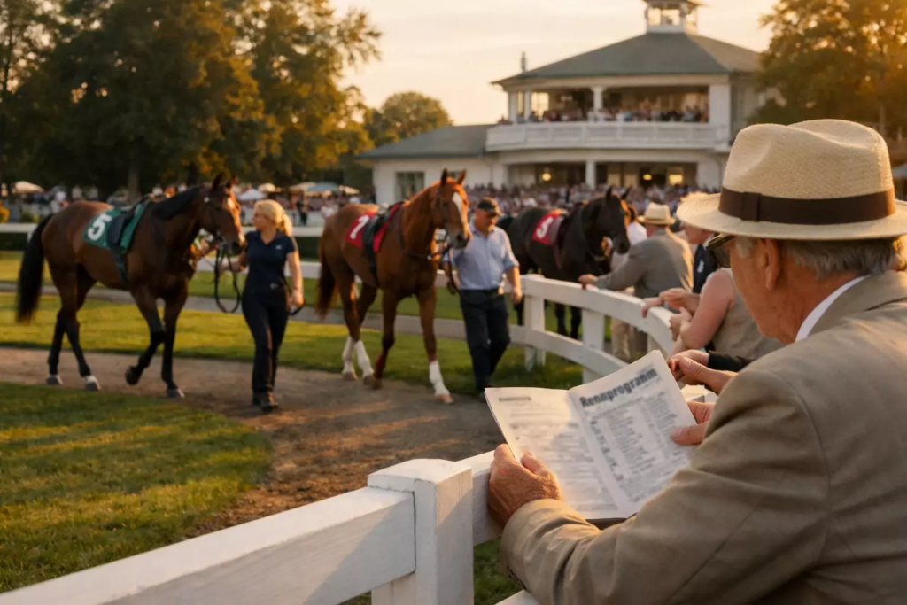 Zuschauer beobachten Pferde im Führring vor dem Rennen
