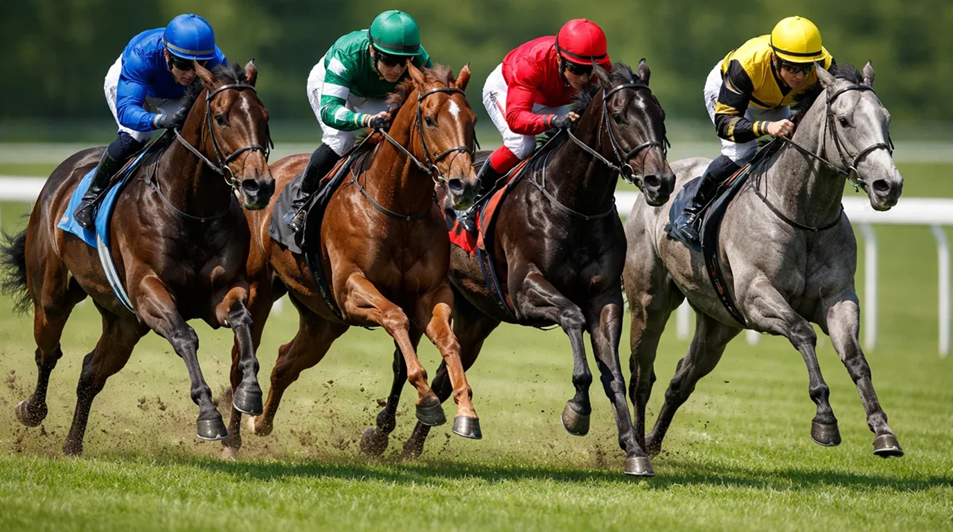 Rennpferde in vollem Galopp auf einer Rennbahn bei Tageslicht