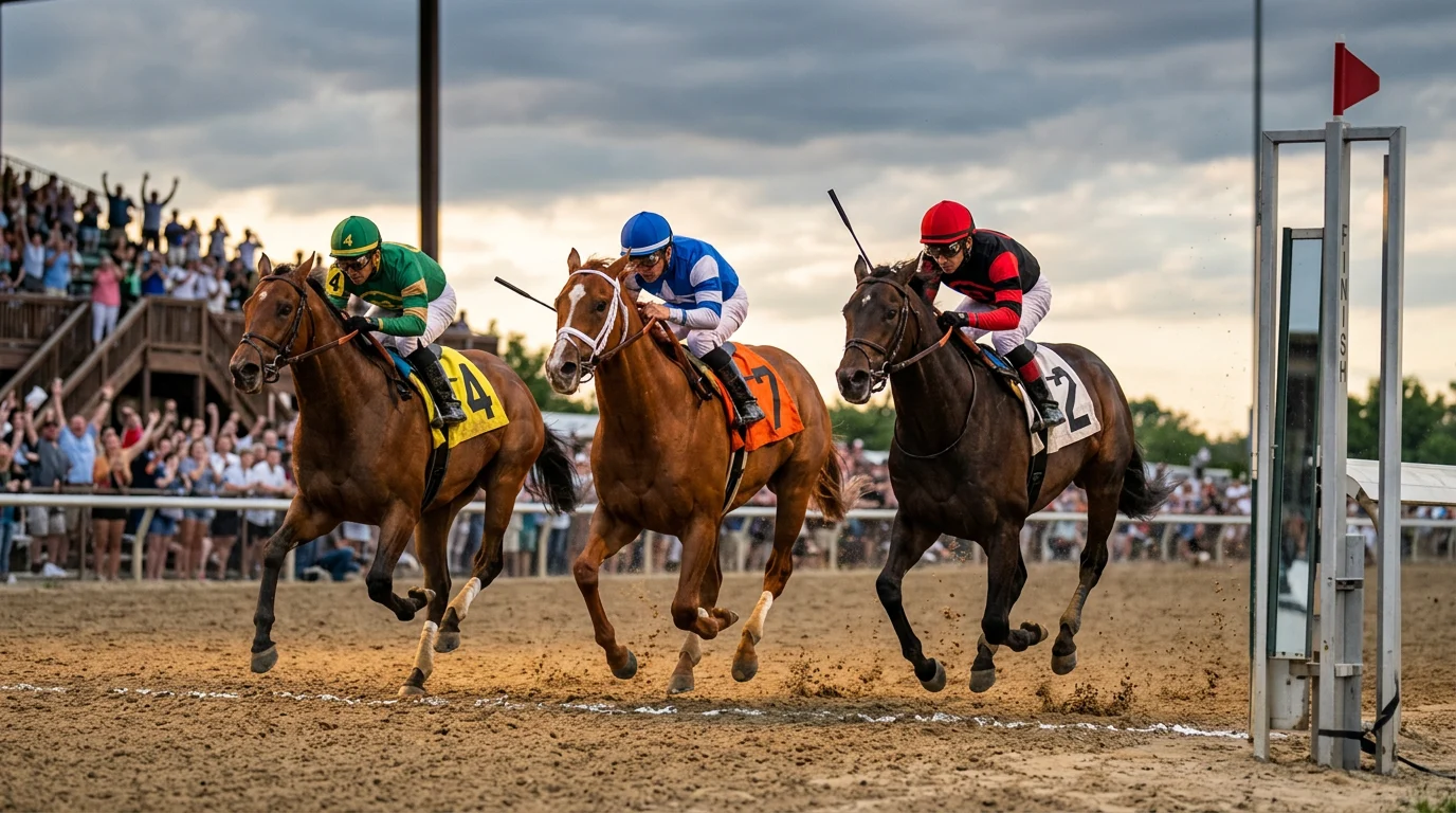 Galoppierende Pferde im Zieleinlauf eines Pferderennens