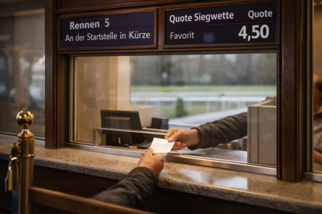 Wettschalter an einer Rennbahn mit Bildschirmanzeigen