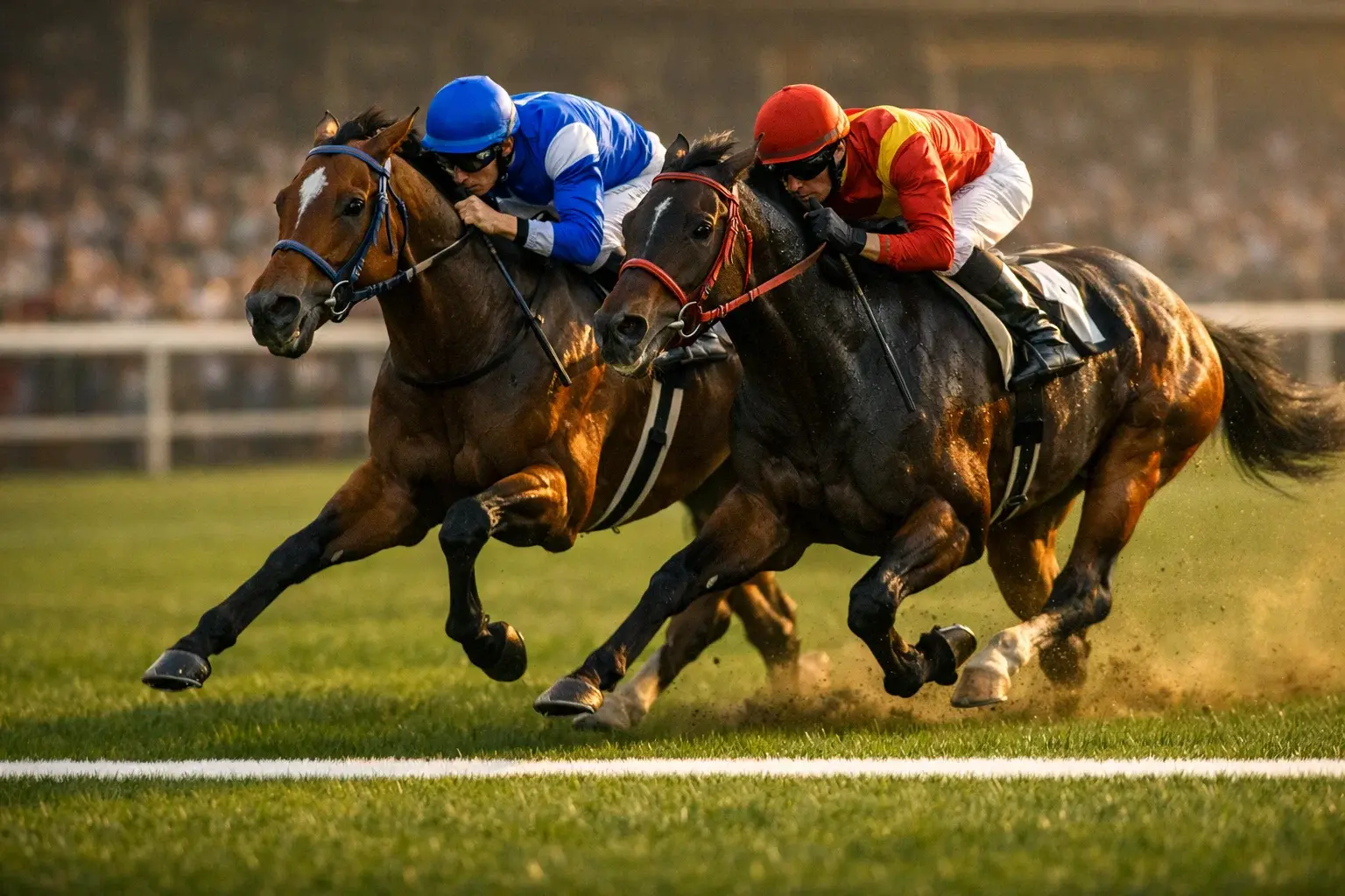 Zwei Pferde im spannenden Zieleinlauf eines Galopprennens